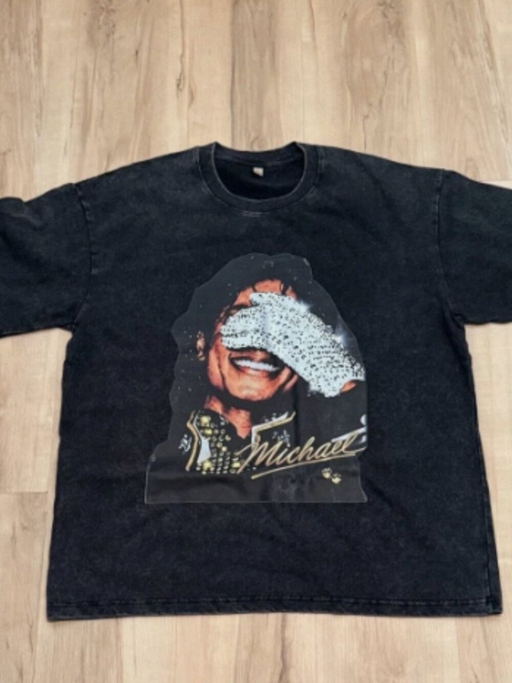 Michael Jackson Black Acid Wash Graphic T-Shirt Sparkly Glove Tee